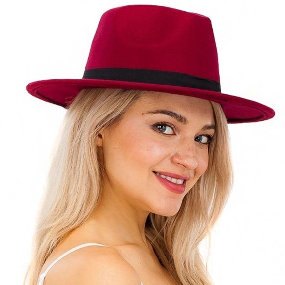 Burgundy Straight Wide Brim Felt Fedora Panama Hat - Picture 2 of 2